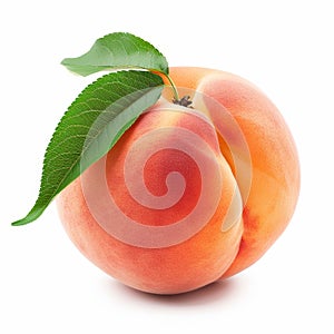 A single succulent peach with a velvety skin and green leaf, isolated on white background.