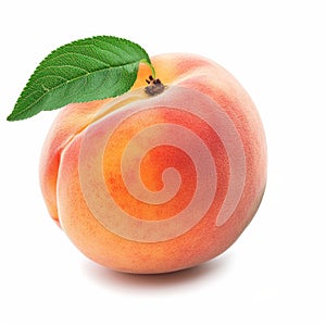 A single succulent peach with a velvety skin and green leaf, isolated on white background.