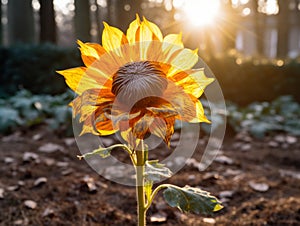 a single sunflower in the middle of a field