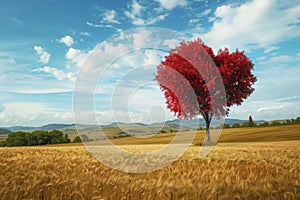 A single, tall tree stands alone in the middle of a vast field, surrounded by golden wheat, A tree with heart-shaped leaves