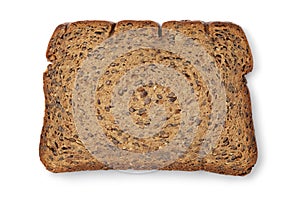 Single thin slice of fresh baked brown flaxseed bread close up on white background