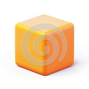 A vibrant, solid orange cube rests on a white background