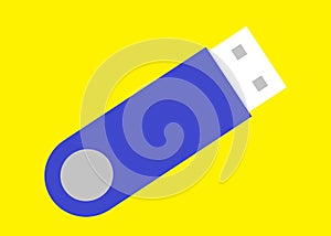 A single tilted indigo blue USB thumb drive against a bright yellow backdrop