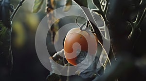 A single tomato with a slightly misshapen form hangs from the vine its delicate skin glistening in the soft light of the photo