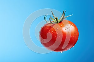 Single tomato suspended in midair against a bright blue backdrop