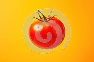 Single tomato suspended in midair against a bright yellow backdrop.
