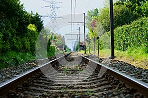 Single track railway track and overhead lines