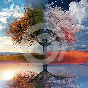 A single tree depicts the four seasons: spring, summer, autumn, and winter in one image photo