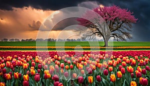 Single tree on a field full of colorful tulips