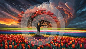 Single tree on a field full of colorful tulips