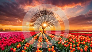 Single tree on a field full of colorful tulips