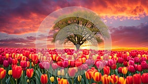 Single tree on a field full of colorful tulips
