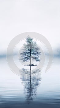 Single tree in the middle of a lake with fog around it in shades of blue