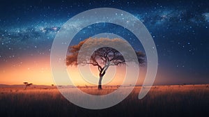 Single Tree Silhouette Under a Starry Night Sky