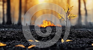 Single tree standing amidst forest fire destruction