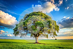 Tree in a field. A tree in the middle of a field with a blue sky background