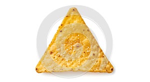 Single triangular corn tortilla chip sprinkled with salt, isolated on white
