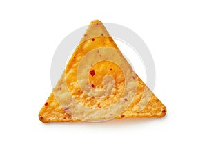 Single triangular seasoned corn tortilla chip isolated on white background