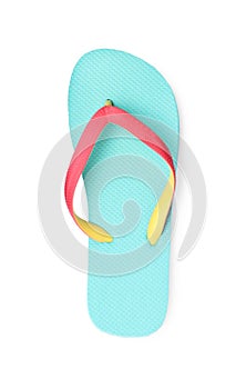 Single turquoise flip flop isolated on white, top view