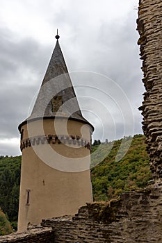 A single turret of Vianden Castle above the village in Luxembourg