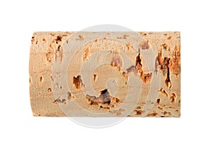 Single, unused, new, brown natural wine cork isolated on white