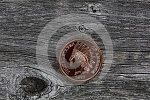 Single US Indian head one cent coin on rustic wood for numismatic investment collecting