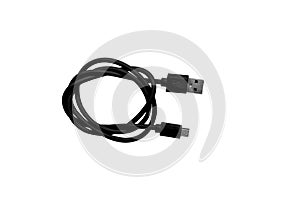 Single USB Micro cable isolated on white background. Black USB cable for data and charging