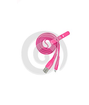 Single USB Micro cable isolated on white background. Pink USB cable for data and charging