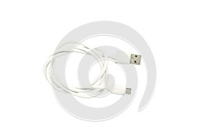 Single USB Micro cable isolated on white background. White USB cable for data and charging