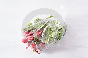 Single use plastic packaging issue. fruits and vegetables in pla