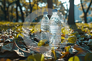 Single-use plastic water bottles discarded in a park, a close-up portrayal of frequent use and environmental neglect photo