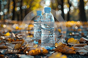 Single-use plastic water bottles discarded in a park, a close-up portrayal of frequent use and environmental neglect photo