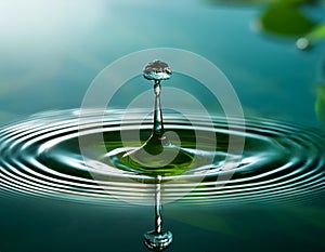 A single water drop causing a ripple effect in a serene pond