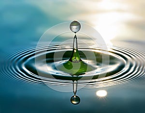 A single water drop causing a ripple effect in a serene pond
