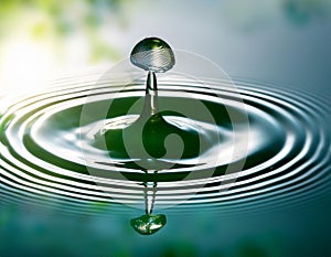 A single water drop causing a ripple effect in a serene pond