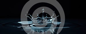 A single water drop impacting black, creating a crown splash , pure, impact