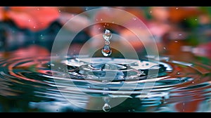 A single water droplet is caught in a transient dance, its impact rippling through the water against a backdrop of blurred autumn