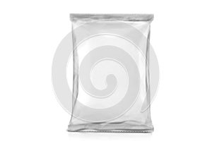 Single White Blank Bag Packaging. Foil package. Metal Pack. ready for your design. over white background