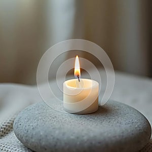 Single White Candle on Gray Stone photo