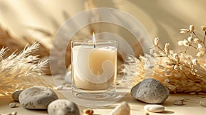 a single white candle, nestled among smooth rocks and delicate pampas grass on a soothing beige background, creating a