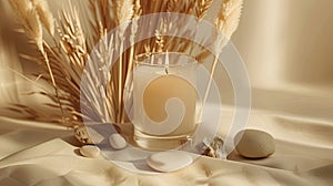 a single white candle, nestled among smooth rocks and delicate pampas grass on a soothing beige background, creating a