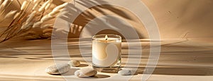 a single white candle, nestled among smooth rocks and delicate pampas grass on a soothing beige background, creating a