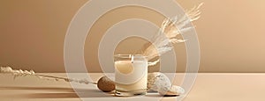 a single white candle, nestled among smooth rocks and delicate pampas grass on a soothing beige background, creating a