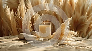 a single white candle, nestled among smooth rocks and delicate pampas grass on a soothing beige background, creating a