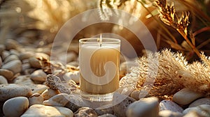 a single white candle, nestled among smooth rocks and delicate pampas grass on a soothing beige background, creating a