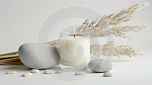 a single white candle, nestled among smooth rocks and delicate pampas grass on a soothing white background, creating a