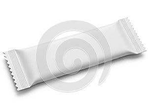 A single white candy bar wrapper lying on a white background