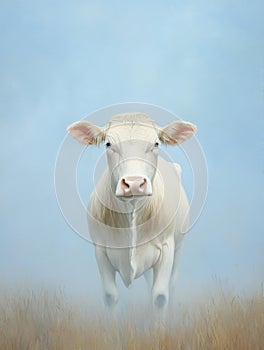 A single white cow stands in a field of grass the mist swirling around its legs creating a sense of mystery and tranquility The photo