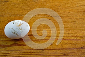 Single white and dirty chicken egg laying on a wooden cutting board with copy space