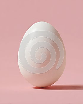 A single white egg stands upright on a pink background
